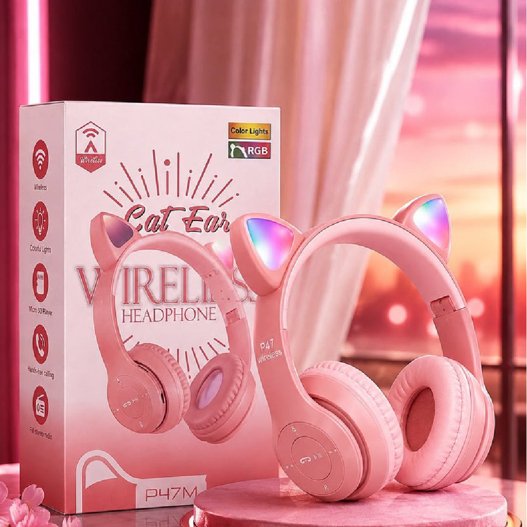 Foldable Cat Ear LED Wireless Headphones P47M – Cute & Stylish with LED Lights