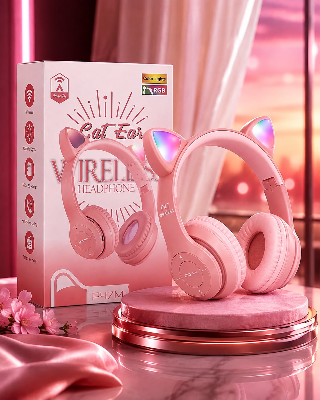 Foldable Cat Ear LED Wireless Headphones P47M – Cute & Stylish with LED Lights