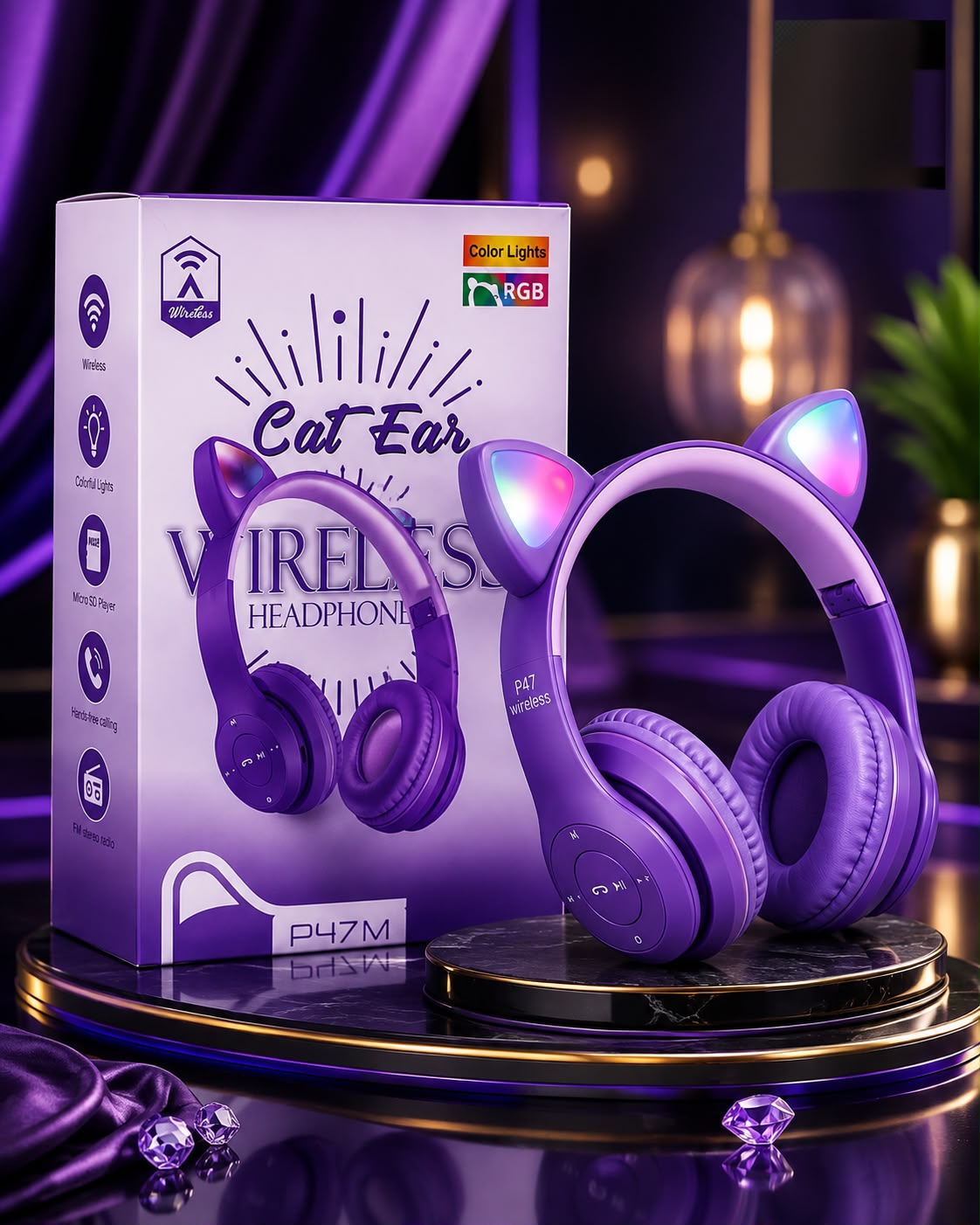Foldable Cat Ear LED Wireless Headphones P47M – Cute & Stylish with LED Lights