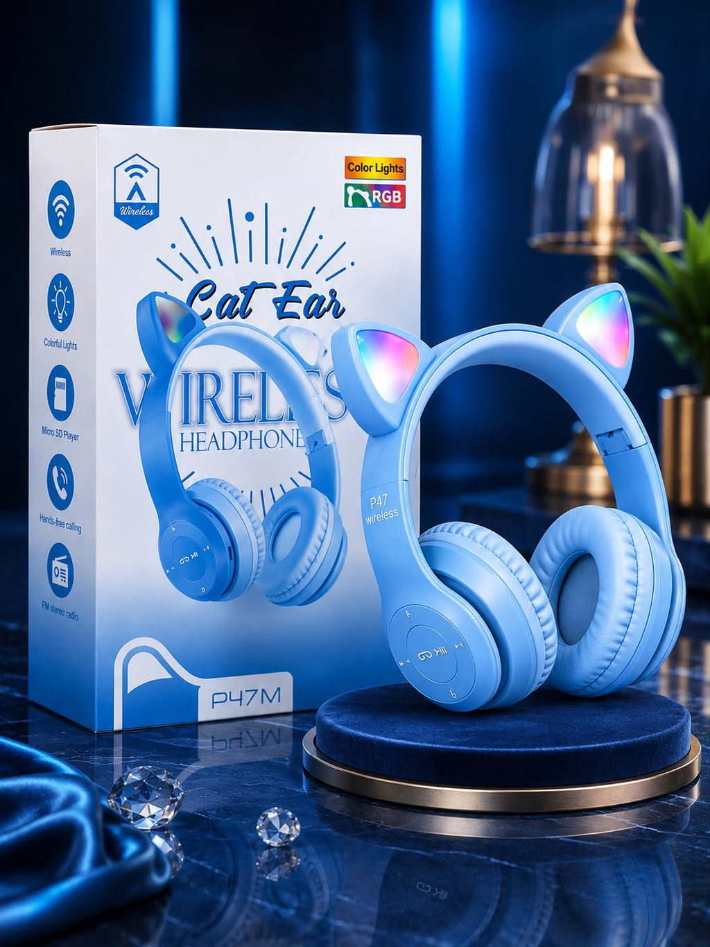 Foldable Cat Ear LED Wireless Headphones P47M – Cute & Stylish with LED Lights