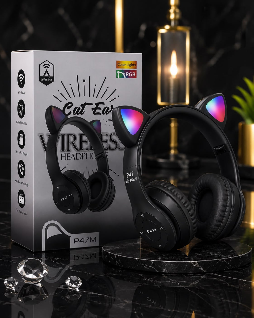 Foldable Cat Ear LED Wireless Headphones P47M – Cute & Stylish with LED Lights
