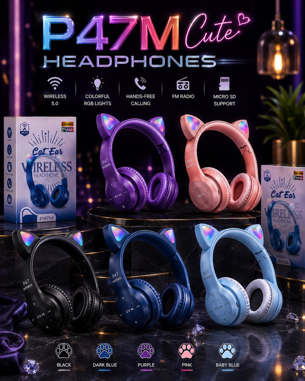 Foldable Cat Ear LED Wireless Headphones P47M – Cute & Stylish with LED Lights