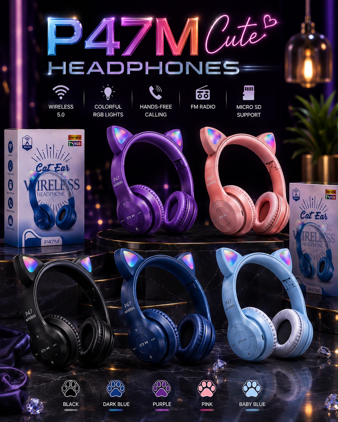 Foldable Cat Ear LED Wireless Headphones P47M – Cute & Stylish with LED Lights